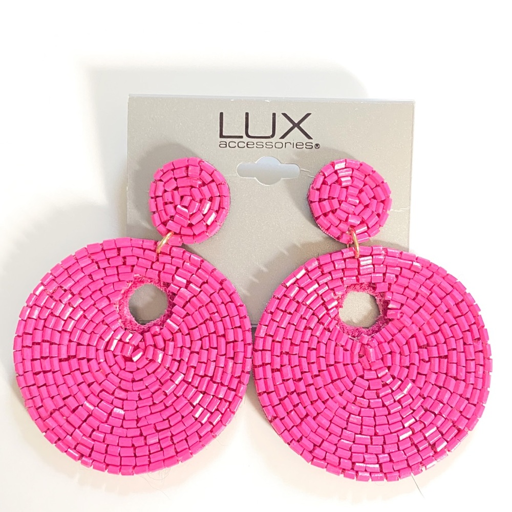 LUX hot pink beaded medallion dangle earrings